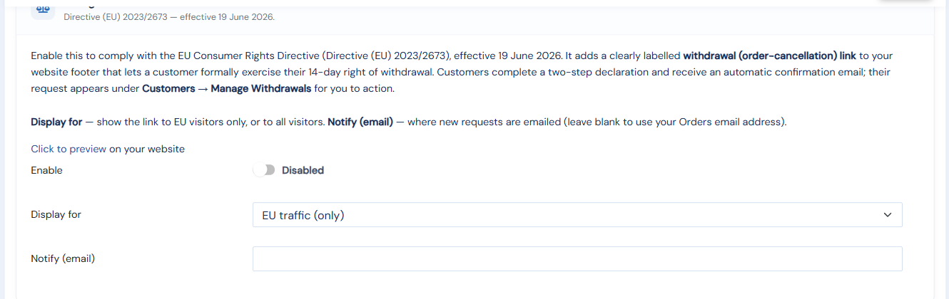 The EU Right of Withdrawal section: Enable, Display for, and Notify