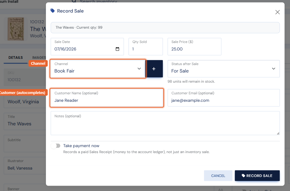 The Record Sale window with the Channel and Customer fields