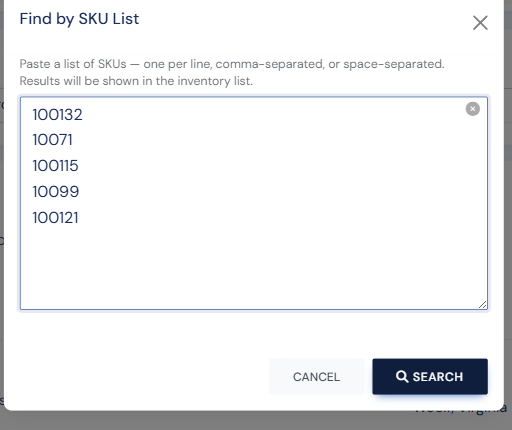 The Find by SKU List window with a list of item IDs pasted in