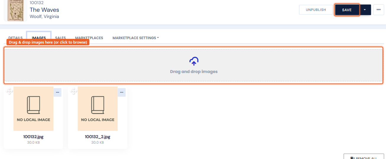The item's Images tab with the drag-and-drop upload area
