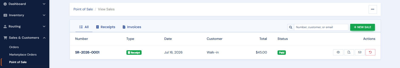 View Sales, where paid receipts and invoices can be refunded